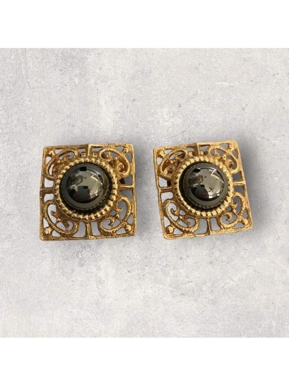 Musi Vintage Signed Shoe Clips, Gold-Tone, Square with Large Round Grey Stones.